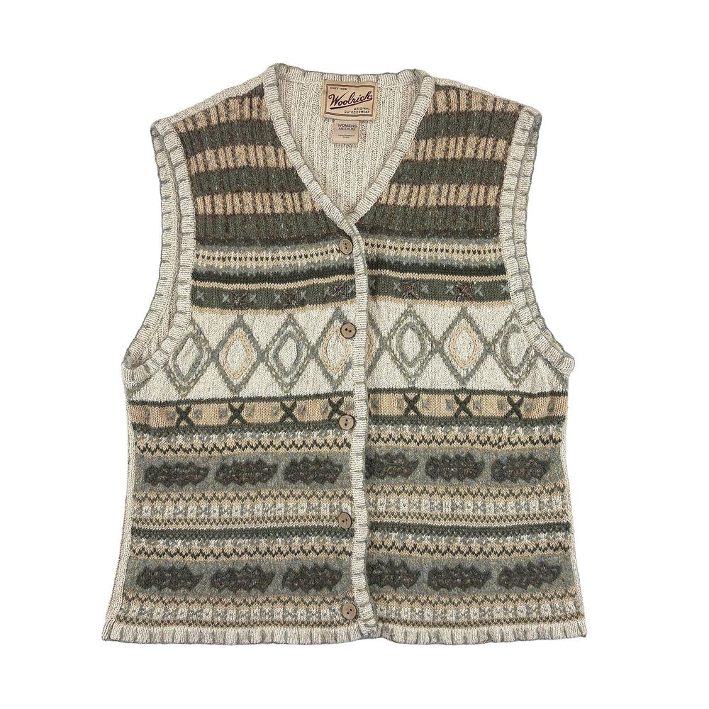 Woolrich VTG Fair Isle Sweater Vest Womens M Natural Silk Wool Blend Cottagecore